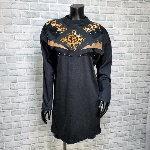 Vintage 80s Womens M Black Dolman Sleeve Side Slit Tunic Tee Animal Applique - Picture 1 of 8